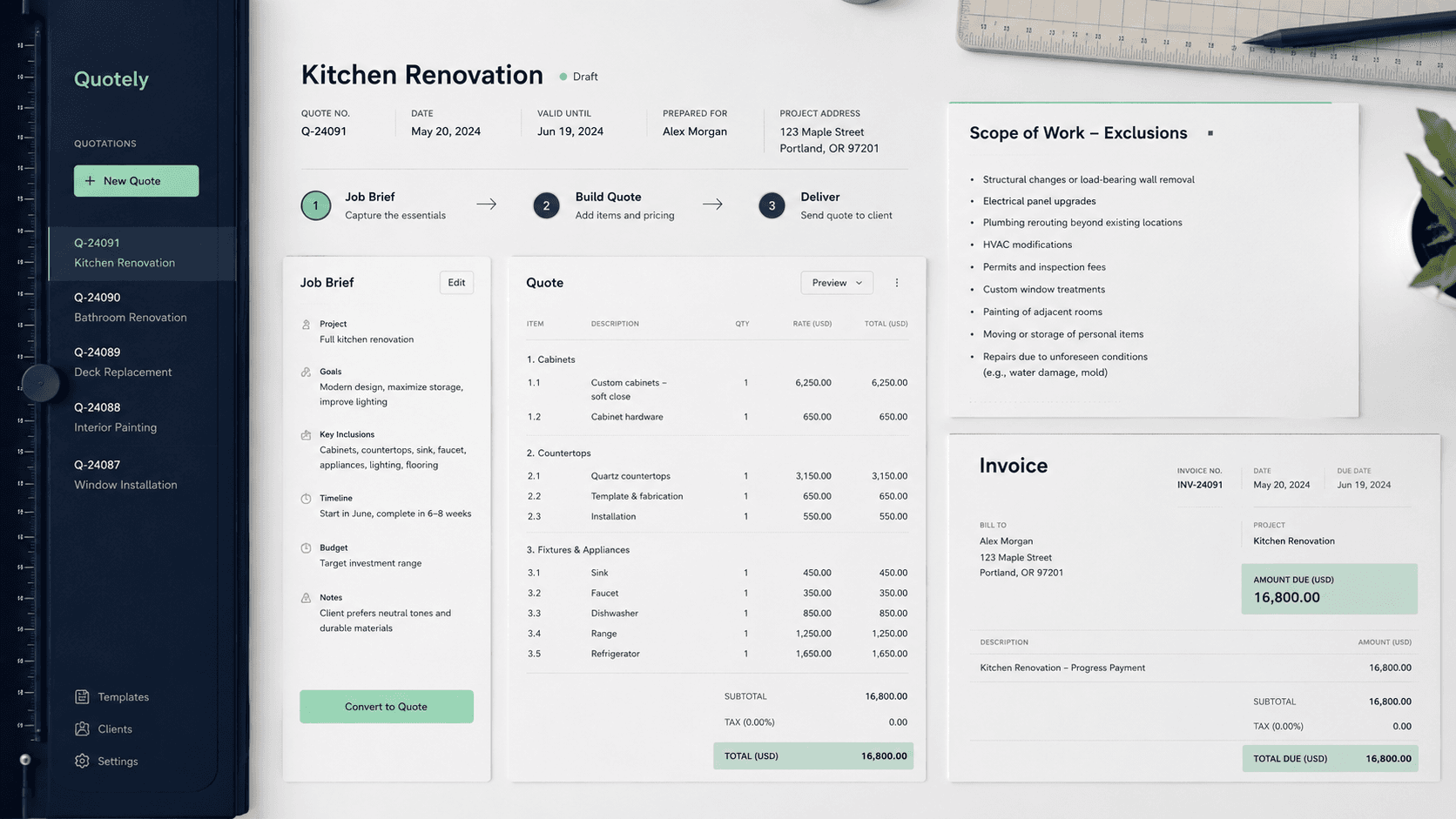 Quotely job brief transforming into a quotation and invoice workspace